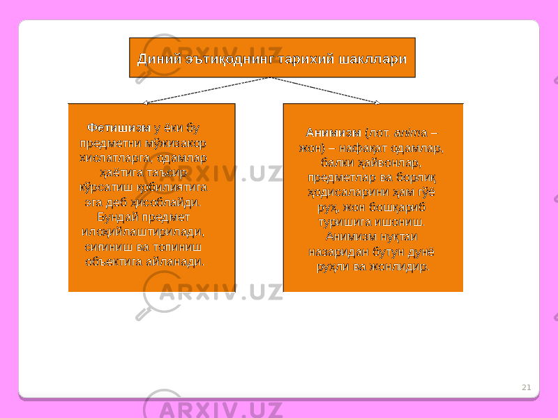 21Диний эътиқоднинг тарихий шакллари Фетишизм у ёки бу предметни мўжизакор хислатларга, одамлар ҳаётига таъсир кўрсатиш қобилиятига эга деб ҳисоблайди. Бундай предмет илоҳийлаштирилади, сиғиниш ва топиниш объектига айланади. Анимизм (лот. anim a – жон) – нафақат одамлар, балки ҳайвонлар, предметлар ва борлиқ ҳодисаларини ҳам гўё руҳ, жон бошқариб туришига ишониш. Анимизм нуқтаи назаридан бутун дунё руҳли ва жонлидир. 