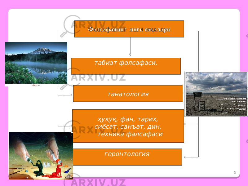 5Фалсафанинг янги соҳалари табиат фалсафаси, танатология ҳуқуқ, фан, тарих, сиёсат, санъат, дин, техника фалсафаси геронтология 