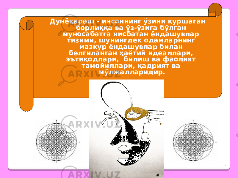 7Дунёқараш – инсоннинг ўзини қуршаган борлиққа ва ўз-ўзига бўлган муносабатга нисбатан ёндашувлар тизими, шунингдек одамларнинг мазкур ёндашувлар билан белгиланган ҳаётий идеаллари, эътиқодлари, билиш ва фаолият тамойиллари, қадрият ва мўлжалларидир. 