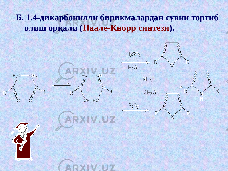 Б. 1,4-дикарбонилли бирикмалардан сувни тортиб олиш орқали ( Паале-Кнорр синтези ).H2C C O O C CH2 R R HC C O H HO C CH R R H 2S O 4 -H 2O P2S 5 N H 3 -2H 2O O R R N H R R S R R 