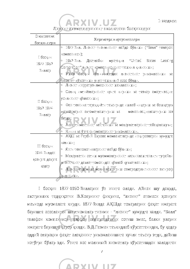 1-жадвал Лизинг хизматларининг эволютсия босқичлари Эволютсия босқичлари Характерли хусусиятлари I босқич 1877-1952- йиллар  1877-йи л . Лизинг тизимининг пайдо бўлиши (“Белл” телефон компанияси);  1952-йил. Дастлабки мустақил “ United States Leasing Corporation ” лизинг компаниясининг ташкил қилиниши;  Ушбу босқич кўп жиҳатдан лизингнинг ривожланиши ва фаолият кўрсатиши учун ташкилий асос бўлди. II босқич 1952-1974 - йиллар  Лизинг инфратузилмасининг шаклланиши ;  Солиқ имтиёзларининг кучга кириши ва тезкор амортизация усилининг қўлланиши;  Фан-техника тараққиёти таьсирида ишлаб чиқариш ва бошқарув жараёнларин автоматлаштириш ва механизациялаштириш юз берди;  Ассортиментнинг кенгайиши ва маҳсулотларнинг табақалашуви;  Кичик ва ўрта фирмаларнинг ривожланиши. III босқич 1974-йилдан ҳозирга даврга қадар  АҚШ ва Ғарбий Европа мамлакатларида инқирозларни вужудга келиши;  Янги технологияларнинг пайдо бўлиши ;  Маҳсулотни сотиш муаммоларининг кескинлашганлиги туфайли лизингнинг давлат томонидан қўллаб - қувватланиши ;  Лизинг ёрдамида молиялаштириш самарадорлигининнг эьтироф қилиниши . I босқич 1877-1950- йилларни ўз ичига олади . Айнан шу даврда , австриялик тадқиқотчи В .X оернинг фикрича , “ лизинг ” атамаси ҳозирги маънода муомалага кирди . 1877- йилда АҚШда товарларни фақат ижарага беришга асосланган шартномалар тизими - “ лизинг ” вужудга келди . “Белл” телефон компанияси телефон аппаратларини сотиш эмас, балки уларни ижарага беришга қарор қилди. В.Д.Газман таъкидлаб кўрсатганидек, бу қадар оддий операция фақат алоқанинг ривожланишига кучли таъсир этди, дейиш нотўғри бўлар эди. Ўзига xос молиявий xизматлар кўрсатишдан келадиган 7 