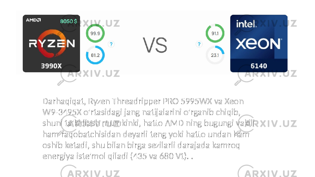  Darhaqiqat, Ryzen Threadripper PRO 5995WX va Xeon W9-3495X o&#39;rtasidagi jang natijalarini o&#39;rganib chiqib, shuni ta&#39;kidlash mumkinki, hatto AMD ning bugungi vakili ham raqobatchisidan deyarli teng yoki hatto undan ham oshib ketadi, shu bilan birga sezilarli darajada kamroq energiya iste&#39;mol qiladi (435 va 680 Vt). . 