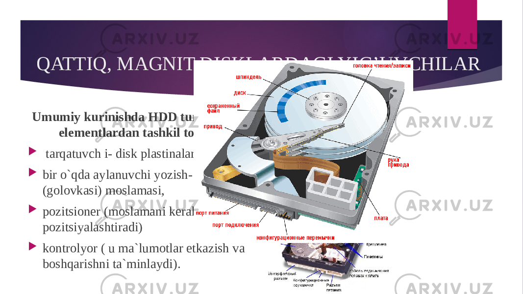 Umumiy kurinishda HDD turtta asosiy elementlardan tashkil topgan:  tarqatuvch i- disk plastinalar to’plami,  bir o`qda aylanuvchi yozish- o`qish (golovkasi) moslamasi,  pozitsioner (moslamani kerakli izga pozitsiyalashtiradi)  kontrolyor ( u ma`lumotlar etkazish va boshqarishni ta`minlaydi).QATTIQ, MAGNIT DISKLARDAGI YIG’UVCHILAR 
