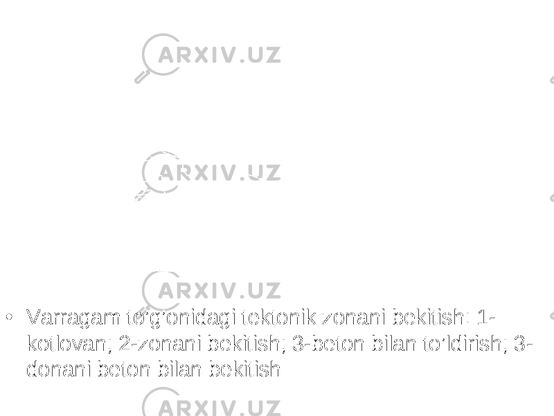 • Varragam to’g’onidagi tektonik zonani bekitish: 1- kotlovan; 2-zonani bekitish; 3-beton bilan to’ldirish; 3- donani beton bilan bekitish 