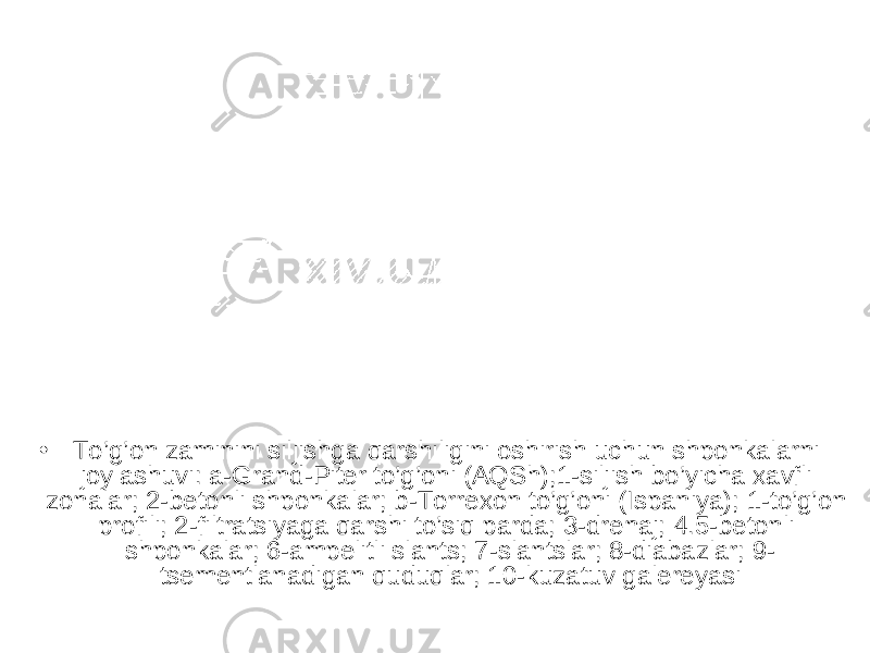 • To’g’on zaminini siljishga qarshiligini oshirish uchun shponkalarni joylashuvi: a-Grand-Piter to’g’oni (AQSh);1-siljish bo’yicha xavfli zonalar; 2-betonli shponkalar; b-Torrexon to’g’oni (Ispaniya); 1-to’g’on profili; 2-filtratsiyaga qarshi to’siq parda; 3-drenaj; 4.5-betonli shponkalar; 6-ampelitli slants; 7-slantslar; 8-diabazlar; 9- tsementlanadigan quduqlar; 10-kuzatuv galereyasi 