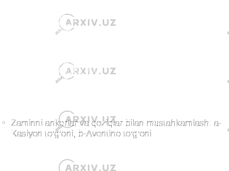 • Zaminni ankerlar va qoziqlar bilan mustahkamlash: a- Kasiyon to’g’oni; b-Aventino to’g’oni 