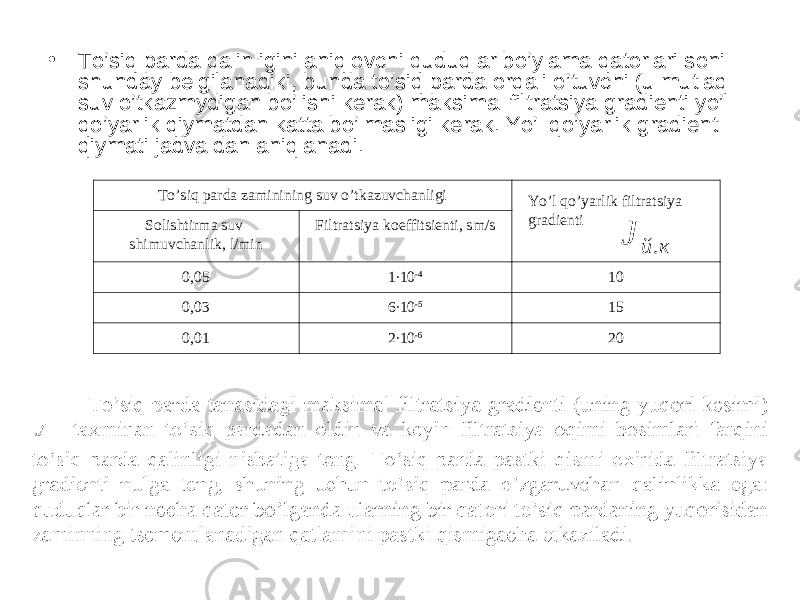 • To’siq parda qalinligini aniqlovchi quduqlar bo’ylama qatorlari soni shunday belgilanadiki, bunda to’siq parda orqali o’tuvchi (u mutlaq suv o’tkazmydigan bo’lishi kerak) maksimal filtratsiya gradienti yo’l qo’yarlik qiymatdan katta bo’lmasligi kerak. Yo’l qo’yarlik gradient qiymati jadvaldan aniqlanadi. Yo’l qo’yarlik filtratsiya gradientiк й J .To’siq parda zaminining suv o’tkazuvchanligi Solishtirma suv shimuvchanlik, l/min Filtratsiya koeffitsienti, sm/s 0,05 1∙10 -4 10 0,03 6∙10 -5 15 0,01 2∙10 -6 20 