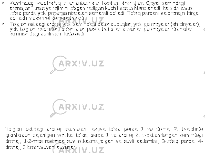 • Zamindagi va qirg’oq bilan tutashgan joydagi drenajlar. Qoyali zamindagi drenajlar filtratsiya rejimini o’zgartiradigan kuchli vosita hisoblanadi, ba’zida xatto to’siq parda yoki ponurga nisbatan samarali bo’ladi. To’siq pardani va drenajni birga qo’llash maksimal samara beradi. • To’g’on ostidagi drenaj yoki zamindagi qator quduqlar, yoki galereyalar (shtolnyalar), yoki to’g’on tovonidagi bo’shliqlar, pastki bef bilan quvurlar, galereyalar, drenajlar ko’rinishidagi qurilmani ifodalaydi. To’g’on ostidagi drenaj sxemalari: a-qiya to’siq parda 1 va drenaj 2; b-alohida qismlardan bajarilgan vertikal to’siq parda 1 va drenaj 2; v-qatlamlangan zamindagi drenaj; 1-2-mos ravishda suv o’tkazmaydigan va suvli qatlamlar; 3-to’siq parda; 4- drenaj; 5-bo’shatuvchi quvurlar 
