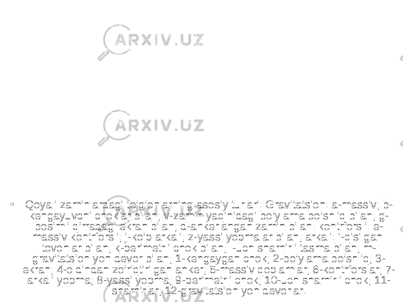 • Qoyali zaminlardagi to’g’onlarning asosiy turlari: Gravitatsion: a-massiv; b- kengayuvchi choklar bilan; v-zamin yaqinidagi bo’ylama bo’shliq bilan; g- bosimli qirradagi ekran bilan; d-ankerlangan zamin bilan: kontrforsli: e- massiv kontrforsli; j-ko’p arkali; z-yassi yopmalar bilan; arkali: i-qisilgan tovonlar bilan; k-perimetrli chok bilan; l-uch sharnirli tasma bilan; m- gravitatsion yon devor bilan; 1-kengaygan chok; 2-bo’ylama bo’shliq; 3- ekran; 4-oldindan zo’riqtirilgan anker; 5-massiv qoplamlar; 6-kontrforslar; 7- arkali yopma; 8-yassi yopma; 9-perimetrli chok; 10-uch sharnirli chok; 11- sharnirlar; 12-gravitatsion yon devorlar. 