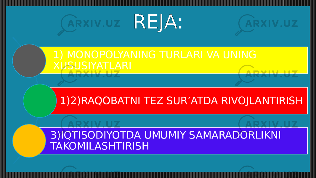 REJA: 1) MONOPOLYANING TURLARI VA UNING XUSUSIYATLARI 1) 2)RAQOBATNI TEZ SUR’ATDA RIVOJLANTIRISH 3)IQTISODIYOTDA UMUMIY SAMARADORLIKNI TAKOMILASHTIRISH 