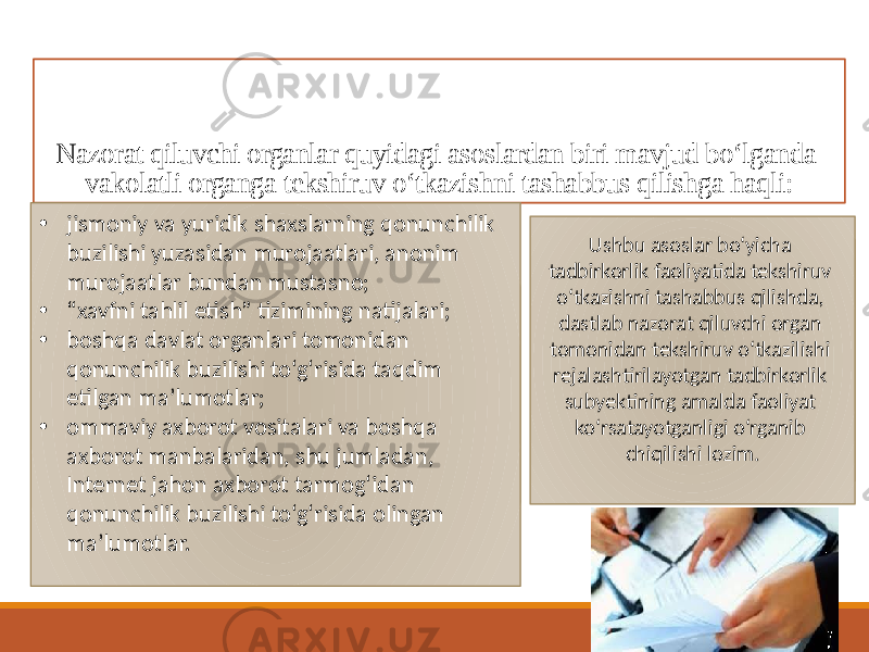 Nazorat qiluvchi organlar quyidagi asoslardan biri mavjud bo‘lganda vakolatli organga tekshiruv o‘tkazishni tashabbus qilishga haqli: • jismoniy va yuridik shaxslarning qonunchilik buzilishi yuzasidan murojaatlari, anonim murojaatlar bundan mustasno; • “ xavfni tahlil etish” tizimining natijalari; • boshqa davlat organlari tomonidan qonunchilik buzilishi to‘g‘risida taqdim etilgan ma’lumotlar; • ommaviy axborot vositalari va boshqa axborot manbalaridan, shu jumladan, Internet jahon axborot tarmog‘idan qonunchilik buzilishi to‘g‘risida olingan ma’lumotlar. Ushbu asoslar bo‘yicha tadbirkorlik faoliyatida tekshiruv o‘tkazishni tashabbus qilishda, dastlab nazorat qiluvchi organ tomonidan tekshiruv o‘tkazilishi rejalashtirilayotgan tadbirkorlik subyektining amalda faoliyat ko‘rsatayotganligi o‘rganib chiqilishi lozim. 