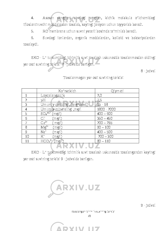 4. Asosan zangdan, suvdagi rangdan, kichik molekula o’lchamidagi ifloslantiruvchi moddalardan tozalab, keyingi jarayon uchun tayyorlab beradi. 5. RO membrana uchun suvni yetarli bosimda ta’minlab beradi. 6. Suvdagi ionlardan, organik moddalardan, kolloid va bakteriyalardan tozalaydi. EKO - L&#34; turkumidagi ichimlik suvi tozalash uskunasida t ozalanmasdan oldingi yer osti suvining tarkibi 8 - jadva lda berilgan. 8 - jadval Tozalanmagan yer osti suvining tarkibi Ko’rsatkich Qiymati 1 Loyqalanganlik 2,0 2 pH 7,5 3 Umumiy qattiqligi, (mg*ekv/l) 15 - 18 4 Umumiy mineralligi ,mg/l 1800 - 2000 5 SO 4 2- (mg/l) 400 – 600 6 Cl - (mg/l) 350 – 450 7 Ca 2+ ( mg/l) 200 – 235 8 Mg 2+ (mg/l) 90 – 100 9 Na + (mg/l) 400 – 500 10 K + (mg/l) 200 – 300 11 HCO 3 2- (mg/l) 80 – 110 EKO - L&#34; turkumidagi ichimlik suvi tozalash uskunasida t ozalangandan keyingi yer osti suvining tarkibi 9 - jadva lda berilgan. 9 - jadva l Tozalangan ichimlik suvining tarkibi 70 