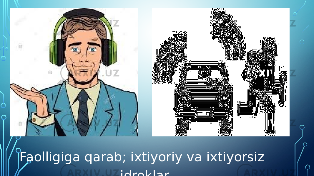 Faolligiga qarab; ixtiyoriy va ixtiyorsiz idroklar. 