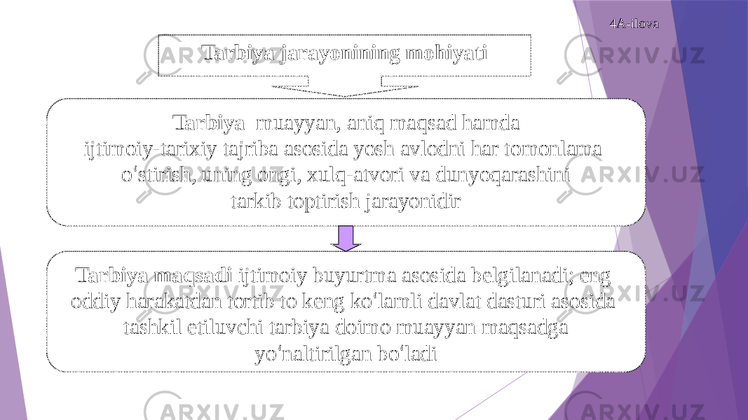 Tarbiya muayyan, aniq maqsad hamda ijtimoiy-tarixiy tajriba asosida yosh avlodni har tomonlama о ‘ stirish, uning ongi, xulq-atvori va dunyoqarashini tarkib toptirish jarayonidir Tarbiya maqsadi ijtimoiy buyurtma asosida belgilanadi; eng oddiy harakatdan tortib to keng kо ‘ lamli davlat dasturi asosida tashkil etiluvchi tarbiya doimo muayyan maqsadga yо ‘ naltirilgan bо ‘ ladiTarbiya jarayonining mohiyati 4A-ilova 