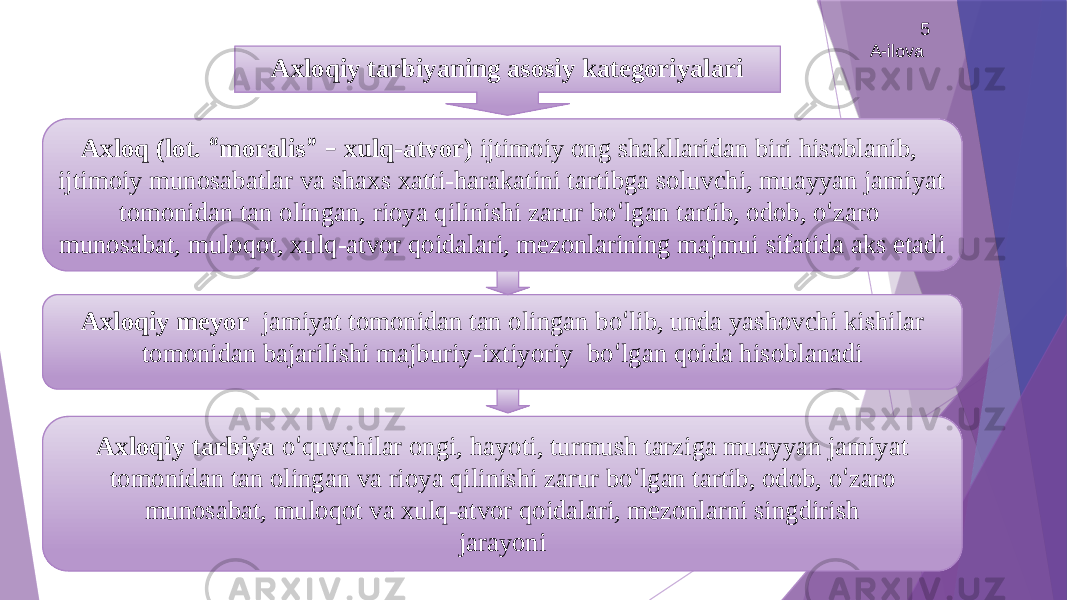 Axloqiy tarbiya о ‘ quvchilar ongi, hayoti, turmush tarziga muayyan jamiyat tomonidan tan olingan va rioya qilinishi zarur bо ‘ lgan tartib, odob, о ‘ zaro munosabat, muloqot va xulq-atvor qoidalari, mezonlarni singdirish jarayoniAxloq (lot. “ moralis ” – xulq-atvor) ijtimoiy ong shakllaridan biri hisoblanib, ijtimoiy munosabatlar va shaxs xatti-harakatini tartibga soluvchi, muayyan jamiyat tomonidan tan olingan, rioya qilinishi zarur bо ‘ lgan tartib, odob, о ‘ zaro munosabat, muloqot, xulq-atvor qoidalari, mezonlarining majmui sifatida aks etadi Axloqiy meyor jamiyat tomonidan tan olingan bо ‘ lib, unda yashovchi kishilar tomonidan bajarilishi majburiy-ixtiyoriy bо ‘ lgan qoida hisoblanadiAxloqiy tarbiyaning asosiy kategoriyalari 5 A-ilova 