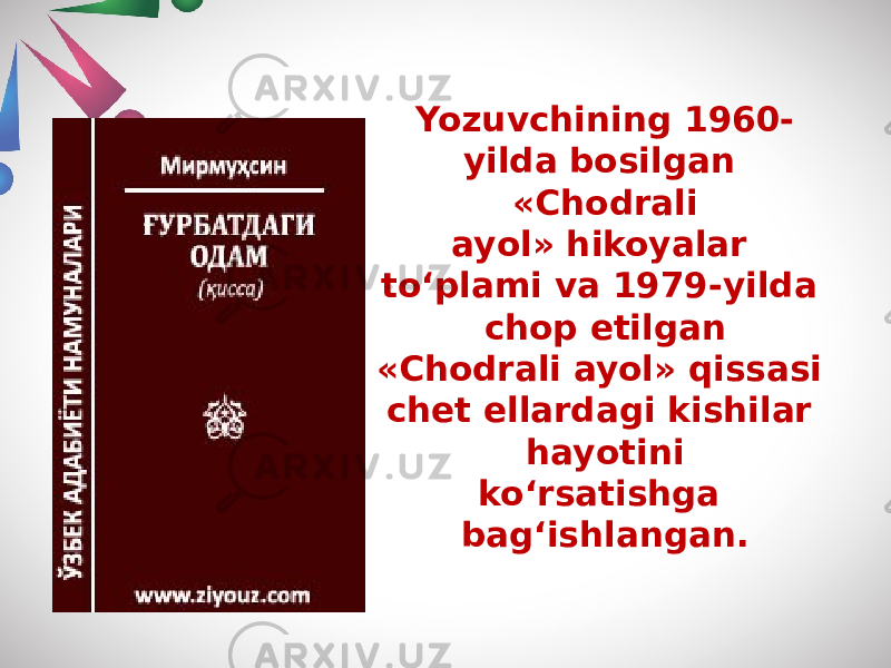 Yozuvchining 1960- yilda bosilgan «Chodrali ayol» hikoyalar to‘plami va 1979-yilda chop etilgan «Chodrali ayol» qissasi chet ellardagi kishilar hayotini ko‘rsatishga bag‘ishlangan. 