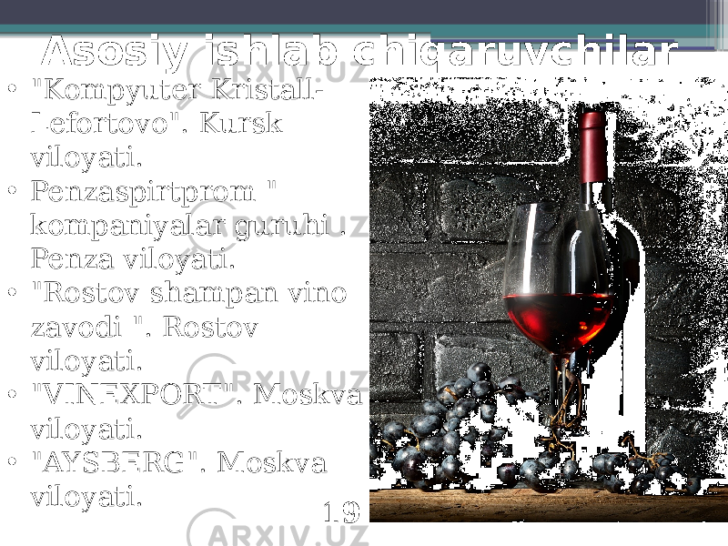 Asosiy ishlab chiqaruvchilar 19• &#34;Kompyuter Kristall- Lefortovo&#34;. Kursk viloyati. • Penzaspirtprom &#34; kompaniyalar guruhi . Penza viloyati. • &#34;Rostov shampan vino zavodi &#34;. Rostov viloyati. • &#34;VINEXPORT&#34;. Moskva viloyati. • &#34;AYSBERG&#34;. Moskva viloyati. 