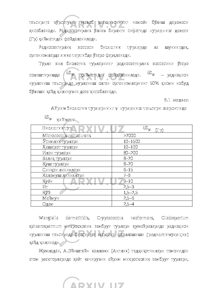 таъсирига кўрсатувчи жавоб реакциясининг намоён бўлиш даражаси ҳисобланади. Радиосезгирлик ўлчов бирлиги сифатида нурланиш дозаси (Гр) қийматидан фойдаланилади. Радиосезгирлик хоссаси биологик турларда ва шунингдек, организмларда якка тартибда ўзаро фарқланади. Турли хил биологик турларнинг радиосезгирлик хоссасини ўзаро солиштиришда LD 50 қийматидан фойдаланилади. LD 50 – радиацион нурланиш таъсирида нурланиш олган организмларнинг 50% қисми нобуд бўлиши қайд қилинувчи доза ҳисобланади. 5.1–жадвал Айрим биологик турларнинг γ–нурланиш таъсири шароитида LD 50 қиймати Биологик тур LD 50 (Гр) Micrococcus radiodurens > 2000 Ўсимлик турлари 10–1500 Ҳашарот турлари 10–100 Илон турлари 80–200 Балиқ турлари 8–20 Қуш турлари 8–20 Сичқон линиялари 6–15 Каламуш линиялари 7–9 Қуён 9–10 Ит 2,5–3 Қўй 1,5–2,5 Маймун 2,5–6 Одам 2,5–4 Wangiella dermatitidis, Cryptococcus neoformans, Cladosporium sphaerospermum микроскопик замбруғ турлари ҳужайраларида радиацион нурланиш таъсирида биосинтез жараёни фаоллашиши ( радиостимуляция ) қайд қилинади. Жумладан, А.Эйнштейн коллежи (Англия) тадқиқотчилари томонидан атом реакторларида ҳаёт кечирувчи айрим микроскопик замбруғ турлари, 