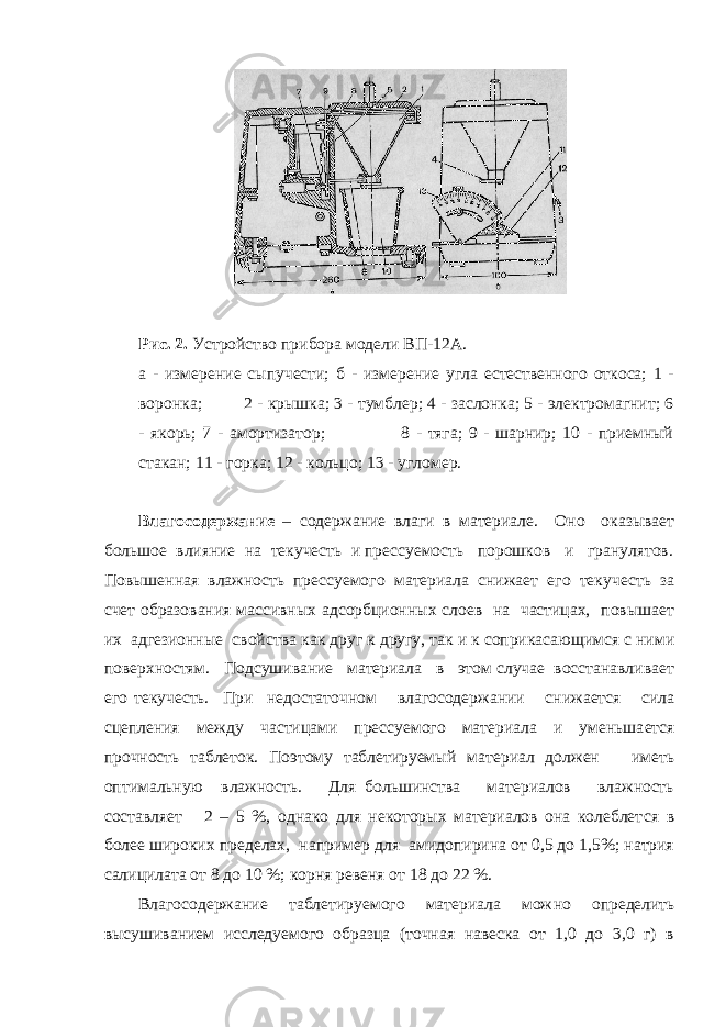 Рис. 2. Устройство прибора модели ВП-12А. а - измерение сыпучести; б - измерение угла естественного откоса; 1 - воронка; 2 - крышка; 3 - тумблер; 4 - заслонка; 5 - электромагнит; 6 - якорь; 7 - амортизатор; 8 - тяга; 9 - шарнир; 10 - приемный стакан; 11 - горка; 12 - кольцо; 13 - угломер. Влагосодержание – содержание влаги в материа ле. Оно оказывает большое влияние на текучесть и прессуемость порошков и гранулятов. Повышенная влажность прессуемого материала снижает его теку честь за счет образования массивных адсорбционных слоев на частицах, повышает их адгезионные свой ства как друг к другу, так и к соприкасающимся с ни ми поверхностям. Подсушивание материала в этом случае восстанавливает его текучесть. При недоста точном влагосодержании снижается сила сцепления между частицами прессуемого материала и уменьша ется прочность таблеток. Поэтому таблетируемый ма териал должен иметь оптимальную влажность. Для большинства материалов влажность составляет 2 – 5 %, однако для некоторых материалов она колеблет ся в более широких пределах, например для амидопирина от 0,5 до 1,5%; натрия салицилата от 8 до 10 %; корня ревеня от 18 до 22 %. Влагосодержание таблетируемого материала мож но определить высушиванием исследуемого образца (точная навеска от 1,0 до 3,0 г) в 
