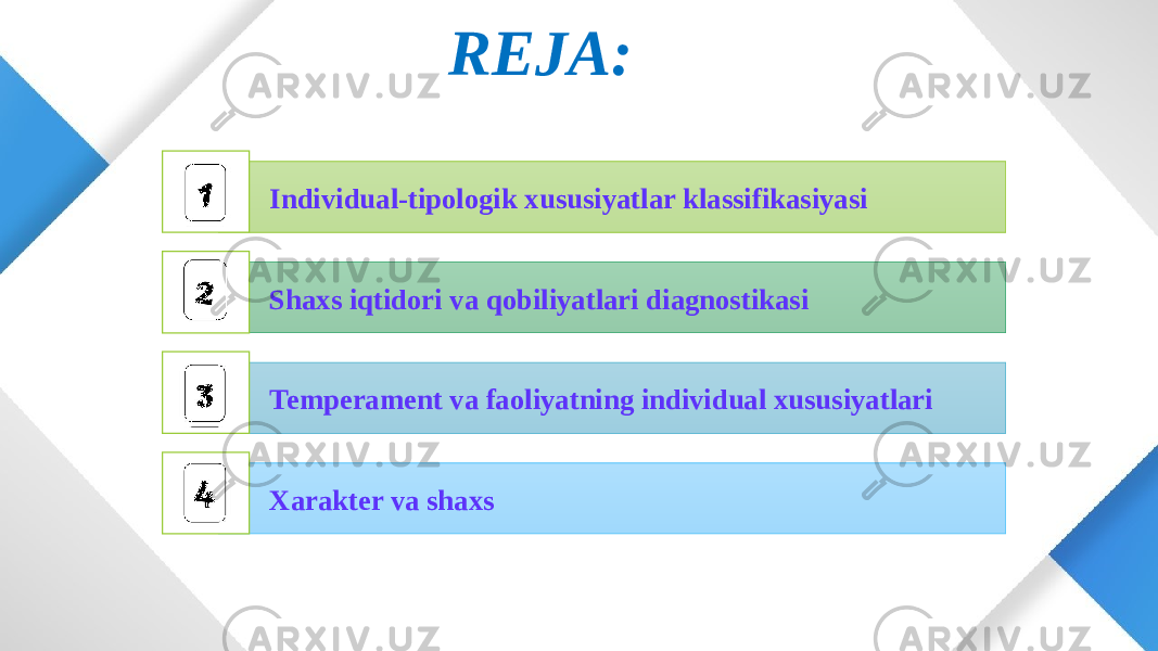 REJA: Individual-tipologik xususiyatlar klassifikasiyasi   Shaxs iqtidori va qobiliyatlari diagnostikasi Temperament va faoliyatning individual xususiyatlari Xarakter va shaxs  