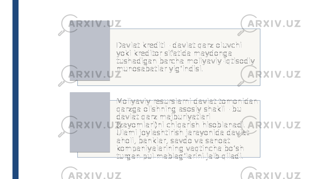 Davlat krediti - davlat qarz oluvchi yoki kreditor sifatida maydonga tushadigan barcha moliyaviy-iqtisodiy munosabatlar yig‘indisi. Moliyaviy resurslarni davlat tomonidan qarzga olishning asosiy shakli - bu davlat qarz majburiyatlari (zayomlari)ni chiqarish hisoblanadi. Ulami joylashtirish jarayonida davlat aholi, banklar, savdo va sanoat kompaniyalarining vaqtincha bo‘sh turgan pul mablag‘larini jalb qiladi. 