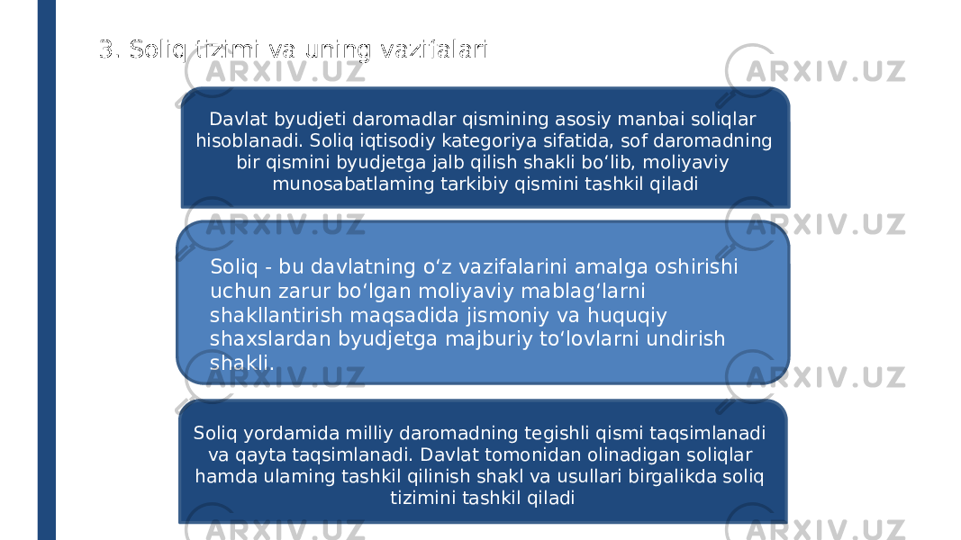 3. Soliq tizimi va uning vazifalari Davlat byudjeti daromadlar qismining asosiy manbai soliqlar hisoblanadi. Soliq iqtisodiy kategoriya sifatida, sof daromadning bir qismini byudjetga jalb qilish shakli bo‘lib, moliyaviy munosabatlaming tarkibiy qismini tashkil qiladi Soliq - bu davlatning o‘z vazifalarini amalga oshirishi uchun zarur bo‘lgan moliyaviy mablag‘larni shakllantirish maqsadida jismoniy va huquqiy shaxslardan byudjetga majburiy to‘lovlarni undirish shakli. Soliq yordamida milliy daromadning tegishli qismi taqsimlanadi va qayta taqsimlanadi. Davlat tomonidan olinadigan soliqlar hamda ulaming tashkil qilinish shakl va usullari birgalikda soliq tizimini tashkil qiladi 