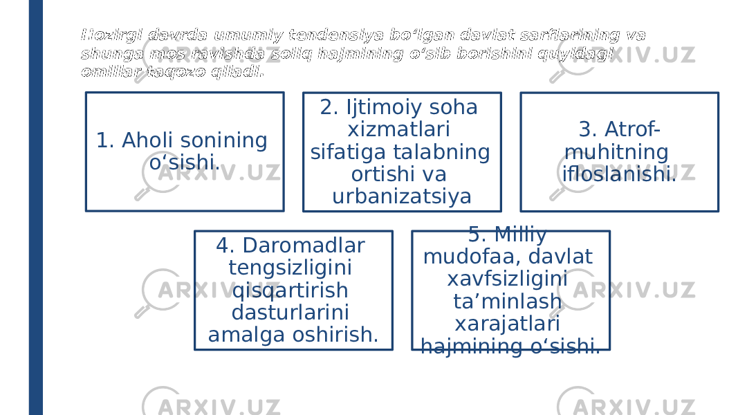 Hozirgi davrda umumiy tendensiya bo‘lgan davlat sarflarining va shunga mos ravishda soliq hajmining o‘sib borishini quyidagi omillar taqozo qiladi. 1. Aholi sonining o‘sishi. 2. Ijtimoiy soha xizmatlari sifatiga talabning ortishi va urbanizatsiya 3. Atrof- muhitning ifloslanishi. 4. Daromadlar tengsizligini qisqartirish dasturlarini amalga oshirish. 5. Milliy mudofaa, davlat xavfsizligini ta’minlash xarajatlari hajmining o‘sishi. 