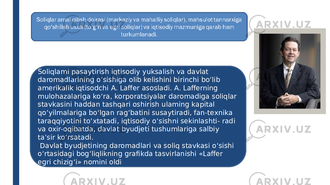 Soliqlami pasaytirish iqtisodiy yuksalish va davlat daromadlarining o‘sishiga olib kelishini birinchi bo‘lib amerikalik iqtisodchi A. Laffer asosladi. A. Lafferning mulohazalariga ko‘ra, korporatsiyalar daromadiga soliqlar stavkasini haddan tashqari oshirish ulaming kapital qo‘yilmalariga bo‘lgan rag‘batini susaytiradi, fan-texnika taraqqiyotini to‘xtatadi, iqtisodiy o‘sishni sekinlashti- radi va oxir-oqibatda, davlat byudjeti tushumlariga salbiy ta’sir ko‘rsatadi. Davlat byudjetining daromadlari va soliq stavkasi o‘sishi o‘rtasidagi bog‘liqlikning grafikda tasvirlanishi «Laffer egri chizig‘i» nomini oldi 