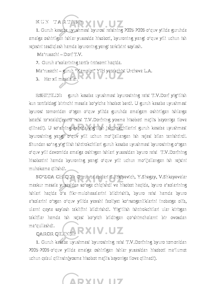 K U N T A R T I B I: 1. Guruh kasaba uyushmasi byurosi raisining 2005-2006-o‘quv yilida guruhda amalga oshirilgan ishlar yuzasida hisoboti, byuroning yangi o‘quv yili uchun ish rejasini tasdiqlash hamda byuroning yangi tarkibini saylash. Ma’ruzachi – Dorf T.V. 2. Guruh a’zolarining tartib-intizomi haqida. Ma’ruzachi – guruh “Kamolot” YIH yetakchisi Urcheva L.A. 3. Har xil masalalar. ESHITILDI: guruh kasaba uyushmasi byurosining raisi T.V.Dorf yig‘ilish kun tartibidagi birinchi masala bo‘yicha hisobot berdi. U guruh kasaba uyushmasi byurosi tomonidan o‘tgan o‘quv yilida guruhda amalgam oshirilgan ishlarga batafsl to‘xtaldi(byuro raisi T.V.Dorfning yozma hisoboti majlis bayoniga ilova qilinadi). U so‘zining oxirida yig‘ilish ishtirokchilarini guruh kasaba uyushmasi byurosining yangi o‘quv yili uchun mo‘ljallangan ish rejasi bilan tanishtirdi. Shundan so‘ng yig‘ilish ishtirokchilari guruh kasaba uyushmasi byurosining o‘tgan o‘quv yili davomida amalga oshirgan ishlari yuzasidan byuro raisi T.V.Dorfning hisobotini hamda byuroning yangi o‘quv yili uchun mo‘ljallangan ish rejsini muhokama qilishdi. SO‘ZGA CHIQDI: Guruh talabalari S.Jitkiyevich, Y.Shegay, V.Shkayevalar mazkur masala yuzasidan so‘zga chiqishdi va hisobot haqida, byuro a’zolarining ishlari haqida o‘z fikr-mulohazalarini bildirishib, byuro raisi hamda byuro a’zolarini o‘tgan o‘quv yilida yaxshi faoliyat ko‘rsatganliklarini inobatga olib, ularni qayta saylash taklifini bildirishdi. Yig‘ilish ishtirokchilari ular kiritgan takliflar hamda ish rejasi bo‘yich bildirgan qo‘shimchalarni bir ovozdan ma’qullashdi. QAROR QILINDI: 1. Guruh kasaba uyushmasi byurosining raisi T.V.Dorfning byuro tomonidan 2005-2006-o‘quv yilida amalga oshirilgan ishlar yuzasidan hisoboti ma’lumot uchun qabul qilinsin(yozma hisobot majlis bayoniga ilova qilinadi). 