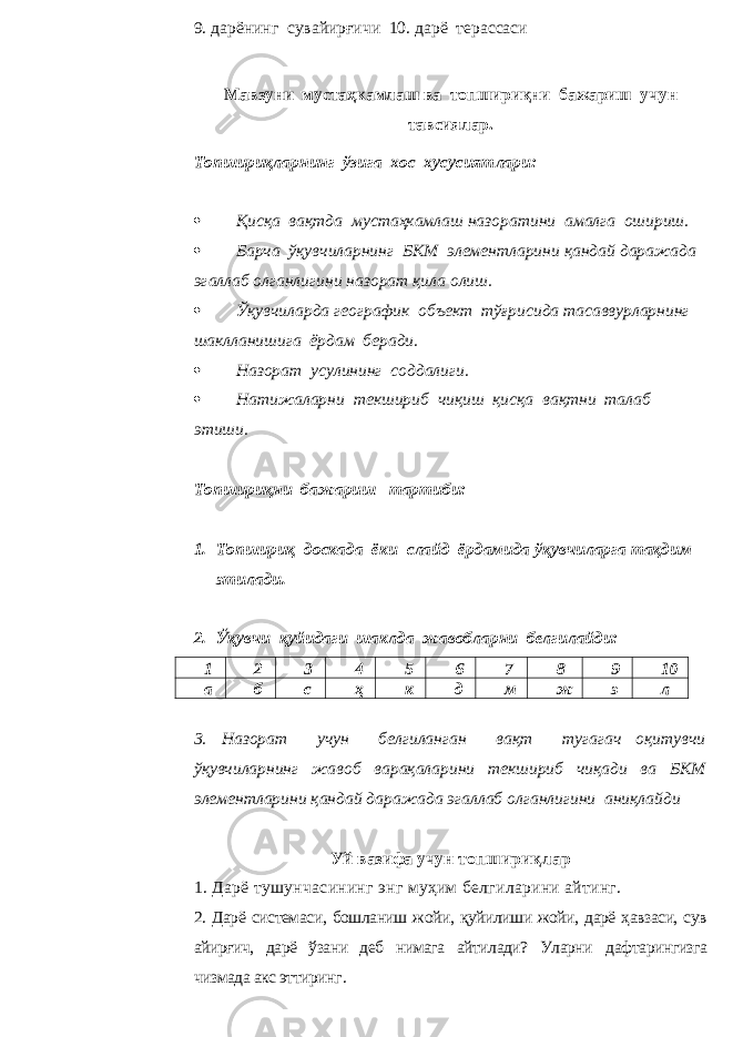 9. дарёнинг сувайирғичи 10. дарё терассаси Мавзуни мустаҳкамлаш ва топшириқни бажариш учун тавсиялар. Топшириқларнинг ўзига хос хусусиятлари:  Қисқа вақтда мустаҳкамлаш назоратини амалга ошириш.  Барча ўқувчиларнинг БКМ элементларини қандай даражада эгаллаб олганлигини назорат қила олиш.  Ўқувчиларда географик объ е кт тўғрисида тасаввурларнинг шаклланишига ёрдам беради.  Назорат усулининг соддалиги.  Натижаларни текшириб чиқиш қисқа вақтни талаб этиши. Топшириқни бажариш тартиби: 1. Топшириқ доскада ёки слайд ёрдамида ўқувчиларга тақдим этилади. 2. Ўқувчи қуйидаги шаклда жавобларни белгилайди: 1 2 3 4 5 6 7 8 9 10 а б c ҳ к д м ж э л 3. Назорат учун белгиланган вақт тугагач оқитувчи ўқувчиларнинг жавоб варақаларини текшириб чиқади ва БКМ элементларини қандай даражада эгаллаб олганлигини аниқлайди Уй вазифа учун топшириқлар 1. Дарё тушунчасининг энг муҳим белгиларини айтинг. 2. Дарё системаси, бошланиш жойи, қуйилиши жойи, дарё ҳавзаси, сув айирғич, дарё ўзани деб нимага айтилади? Уларни дафтарингизга чизмада акс эттиринг . 