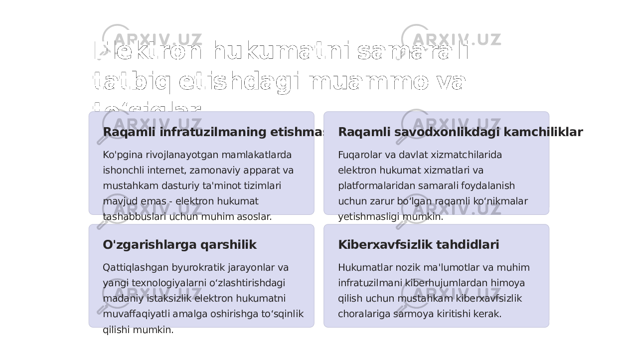 Elektron hukumatni samarali tatbiq etishdagi muammo va to‘siqlar Raqamli infratuzilmaning etishmasligi Ko&#39;pgina rivojlanayotgan mamlakatlarda ishonchli internet, zamonaviy apparat va mustahkam dasturiy ta&#39;minot tizimlari mavjud emas - elektron hukumat tashabbuslari uchun muhim asoslar. Raqamli savodxonlikdagi kamchiliklar Fuqarolar va davlat xizmatchilarida elektron hukumat xizmatlari va platformalaridan samarali foydalanish uchun zarur boʻlgan raqamli koʻnikmalar yetishmasligi mumkin. O&#39;zgarishlarga qarshilik Qattiqlashgan byurokratik jarayonlar va yangi texnologiyalarni o‘zlashtirishdagi madaniy istaksizlik elektron hukumatni muvaffaqiyatli amalga oshirishga to‘sqinlik qilishi mumkin. Kiberxavfsizlik tahdidlari Hukumatlar nozik ma&#39;lumotlar va muhim infratuzilmani kiberhujumlardan himoya qilish uchun mustahkam kiberxavfsizlik choralariga sarmoya kiritishi kerak. 