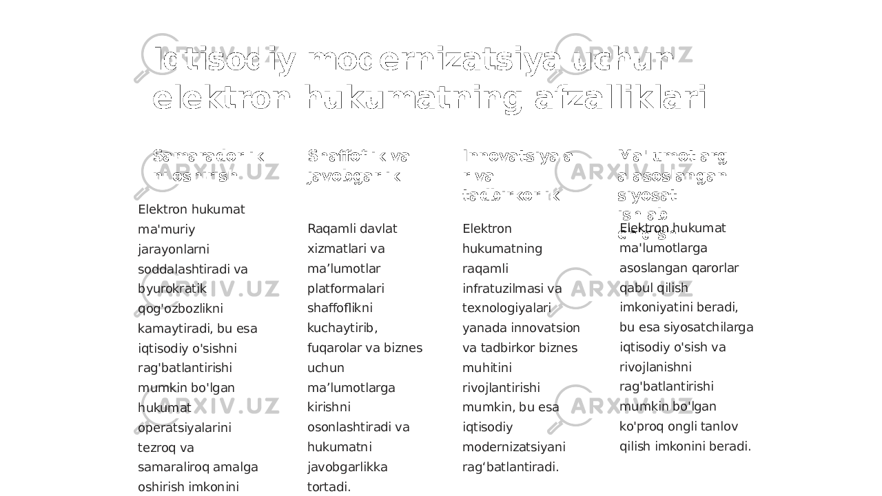 Iqtisodiy modernizatsiya uchun elektron hukumatning afzalliklari Samaradorlik ni oshirish Elektron hukumat ma&#39;muriy jarayonlarni soddalashtiradi va byurokratik qog&#39;ozbozlikni kamaytiradi, bu esa iqtisodiy o&#39;sishni rag&#39;batlantirishi mumkin bo&#39;lgan hukumat operatsiyalarini tezroq va samaraliroq amalga oshirish imkonini beradi. Shaffoflik va javobgarlik Raqamli davlat xizmatlari va maʼlumotlar platformalari shaffoflikni kuchaytirib, fuqarolar va biznes uchun maʼlumotlarga kirishni osonlashtiradi va hukumatni javobgarlikka tortadi. Innovatsiyala r va tadbirkorlik Elektron hukumatning raqamli infratuzilmasi va texnologiyalari yanada innovatsion va tadbirkor biznes muhitini rivojlantirishi mumkin, bu esa iqtisodiy modernizatsiyani rag‘batlantiradi. Ma&#39;lumotlarg a asoslangan siyosat ishlab chiqish Elektron hukumat ma&#39;lumotlarga asoslangan qarorlar qabul qilish imkoniyatini beradi, bu esa siyosatchilarga iqtisodiy o&#39;sish va rivojlanishni rag&#39;batlantirishi mumkin bo&#39;lgan ko&#39;proq ongli tanlov qilish imkonini beradi. 