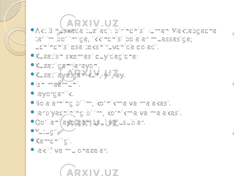  Аkt 3 nusxada tuziladi: birinchisi Tuman Maktabgacha taʼlim boʼlimiga, ikkinchisi bolalar muassasiga; uchinchisi esa tekshiruvchida qoladi.  Kuzatish sxemasi quyidagicha:  Kuzatilgan jarayon.  Kuzatilayotgan kun, yil, oy.  Ish mazmuni.  Tayorgarlik.  Bolalarning bilim, koʼnikma va malakasi.  Tarbiyachining bilim, koʼnikma va malakasi.  Qoʼllanilayotgan usul va usublar.  Yutugʼi.  Kamchiligi.  Taklif va mulohazalar. 