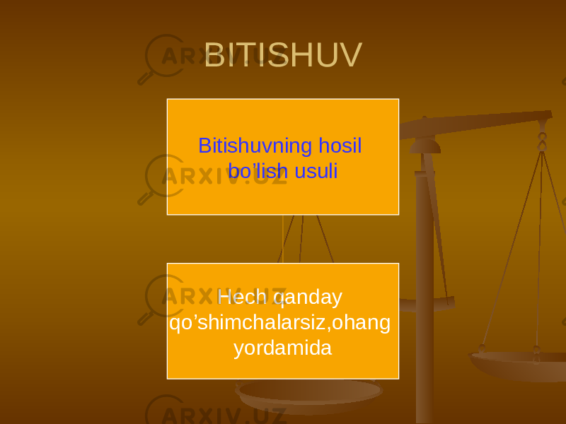 BITISHUV Bitishuvning hosil bo’lish usuli Hech qanday qo’shimchalarsiz,ohang yordamida 