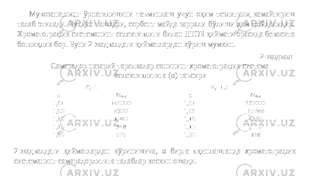 Мувозанатнинг ўрнатилишини таъминлаш учун оқим тезлигини камайтириш талаб этилади. Бундан ташқари, сорбент майда заррали бўлиши ҳам фойдалидир. Хроматографик системанинг селективлиги билан НТЭБ қиймати орасида бевосита боғлиқлик бор. Буни 2-жадвалдаги қийматлардан кўриш мумкин. 2-жадвал Самарадор назарий тарелкалар сонининг хроматографик система селективлигига ( α) таъсири 2-жадвалдаги қийматлардан кўринишича, α бирга яқинлашганда хроматографик системанинг самарадорлигига талаблар кескин ошади. 