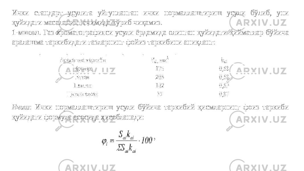 Ички стандарт усулига уйғунланган ички нормаллаштириш усули бўлиб, уни қуйидаги масаланинг ечимида кўриб чиқамиз. 1-мисол . Газ хроматографияси усули ёрдамида олинган қуйидаги қийматлар бўйича аралашма таркибидаги газларнинг фойиз таркибини аниқланг: Ечиш : Ички нормаллаштириш усули бўйича таркибий қисмларнинг фоиз таркиби қуйидаги формула асосида ҳисобланади: 