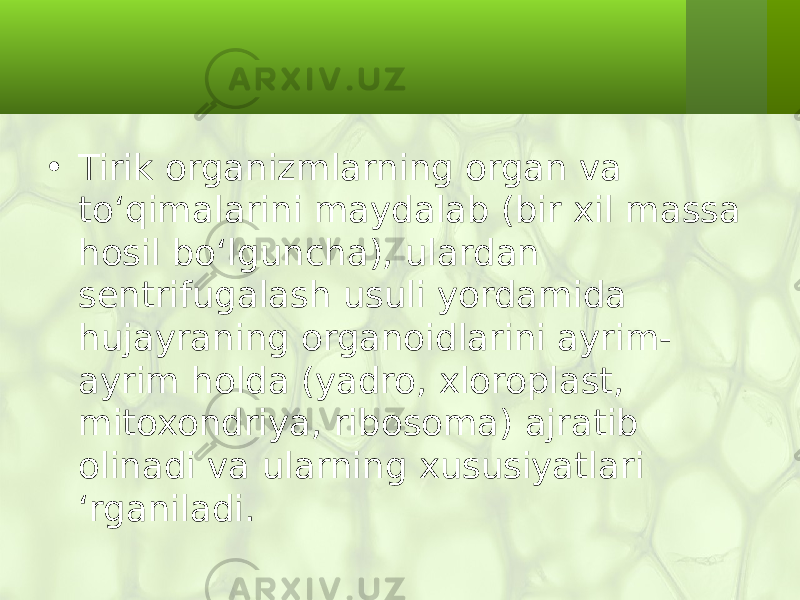 • Tirik organizmlarning organ va to‘qimalarini maydalab (bir xil massa hosil bo‘lguncha), ulardan sentrifugalash usuli yordamida hujayraning organoidlarini ayrim- ayrim holda (yadro, xloroplast, mitoxondriya, ribosoma) ajratib olinadi va ularning xususiyatlari ‘rganiladi. 