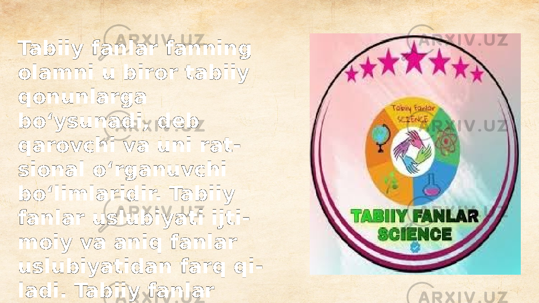 Tabiiy fanlar fanning olamni u biror tabiiy qonunlarga bo‘ysunadi, deb qarovchi va uni rat - sional o‘rganuvchi bo‘limlaridir. Tabiiy fanlar uslubiyati ijti - moiy va aniq fanlar uslubiyatidan farq qi - ladi. Tabiiy fanlar sirasiga as - tronomiya, kimyo, biologiya kiradi. 