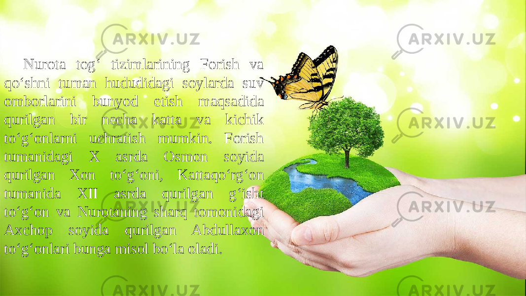 Nurota tog‘ tizimlarining Forish va qo‘shni tuman hududidagi soylarda suv omborlarini bunyod etish maqsadida qurilgan bir necha katta va kichik to‘g‘onlarni uchratish mumkin. Forish tumanidagi X asrda Osmon soyida qurilgan Xon to‘g‘oni, Kattaqo‘rg‘on tumanida XII asrda qurilgan g‘isht to‘g‘on va Nurotaning sharq tomonidagi Axchop soyida qurilgan Abdullaxon to‘g‘onlari bunga misol bo‘la oladi. 