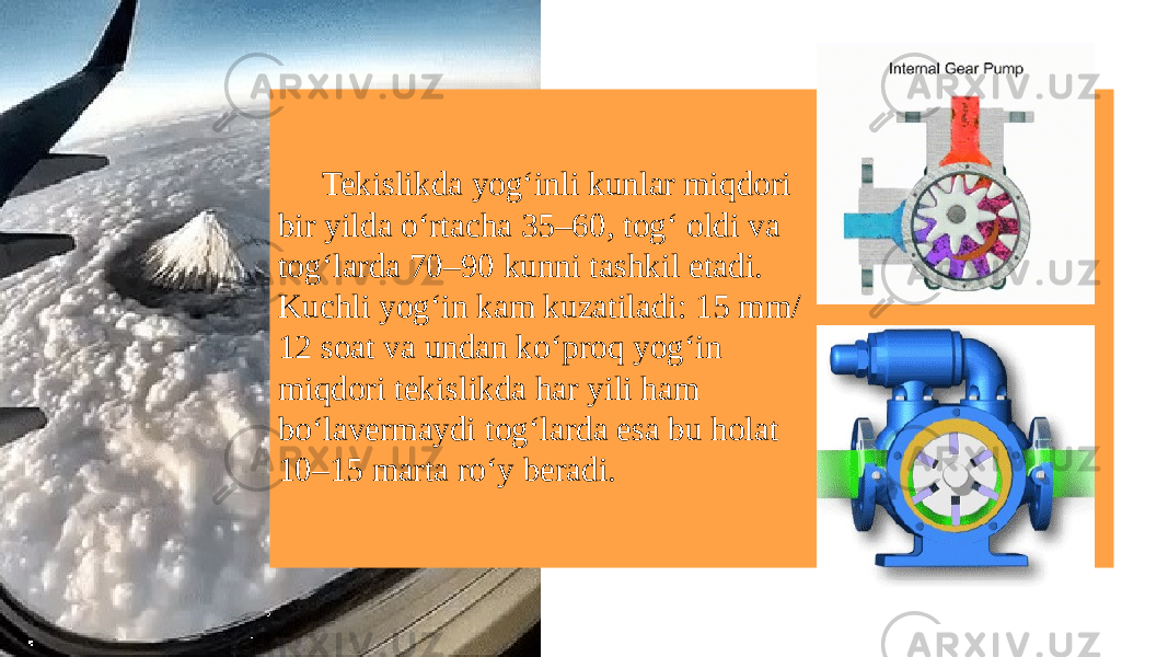 Tekislikda yog‘inli kunlar miqdori bir yilda o‘rtacha 35–60, tog‘ oldi va tog‘larda 70–90 kunni tashkil etadi. Kuchli yog‘in kam kuzatiladi: 15 mm/ 12 soat va undan ko‘proq yog‘in miqdori tekislikda har yili ham bo‘lavermaydi tog‘larda esa bu holat 10–15 marta ro‘y beradi. 