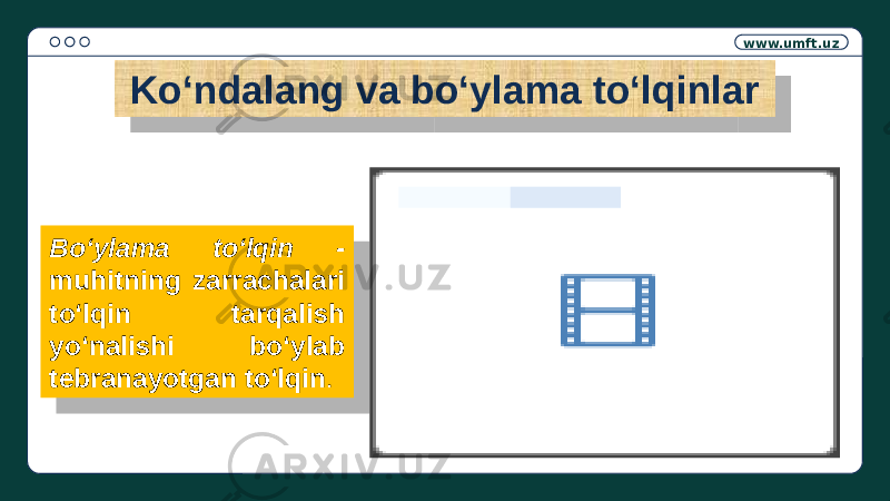 www.umft.uz Koʻndalang va boʻylama toʻlqinlar Bo‘ylama to‘lqin - muhitning zarrachalari to‘lqin tarqalish yo‘nalishi bo‘ylab tebranayotgan to‘lqin . 29 15 08 26 21 23 21 1209 