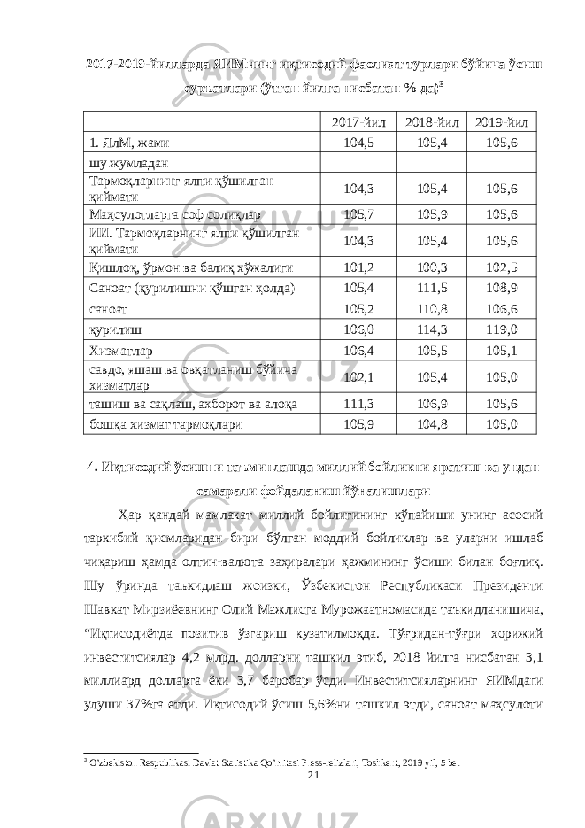 2017-2019-йилларда ЯИМнинг иқтисодий фаолият турлари бўйича ўсиш суръатлари (ўтган йилга нисбатан % да) 3 2017-йил 2018-йил 2019-йил 1. ЯлМ, жами 104,5 105,4 105,6 шу жумладан Тармоқларнинг ялпи қўшилган қиймати 104,3 105,4 105,6 Маҳсулотларга соф солиқлар 105,7 105,9 105,6 ИИ. Тармоқларнинг ялпи қўшилган қиймати 104,3 105,4 105,6 Қишлоқ, ўрмон ва балиқ хўжалиги 101,2 100,3 102,5 Саноат (қурилишни қўшган ҳолда) 105,4 111,5 108,9 саноат 105,2 110,8 106,6 қурилиш 106,0 114,3 119,0 Хизматлар 106,4 105,5 105,1 савдо, яшаш ва овқатланиш бўйича хизматлар 102,1 105,4 105,0 ташиш ва сақлаш, ахборот ва алоқа 111,3 106,9 105,6 бошқа хизмат тармоқлари 105,9 104,8 105,0 4. Иқтисодий ўсишни таъминлашда миллий бойликни яратиш ва ундан самарали фойдаланиш йўналишлари Ҳар қандай мамлакат миллий бойлигининг кўпайиши унинг асосий таркибий қисмларидан бири бўлган моддий бойликлар ва уларни ишлаб чиқариш ҳамда олтин-валюта заҳиралари ҳажмининг ўсиши билан боғлиқ. Шу ўринда таъкидлаш жоизки, Ўзбекистон Республикаси Президенти Шавкат Мирзиёевнинг Олий Мажлисга Мурожаатномасида таъкидланишича, “Иқтисодиётда позитив ўзгариш кузатилмоқда. Тўғридан-тўғри хорижий инвеститсиялар 4,2 млрд. долларни ташкил этиб, 2018 йилга нисбатан 3,1 миллиард долларга ёки 3,7 баробар ўсди. Инвеститсияларнинг ЯИМдаги улуши 37%га етди. Иқтисодий ўсиш 5,6%ни ташкил этди, саноат маҳсулоти 3 O’zbekiston Respublikasi Davlat Statistika Qo’mitasi Press-relizlari, Toshkent, 2019 yil, 5 bet 21 