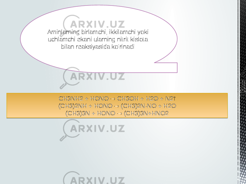 CH3NH2  HONO  CH3OH  H2O  N2  (CH3)2NH  HONO  (CH3)2N-NO  H2O (CH3)3N  HONO  (CH3)3N  HNO2Aminlarning birlamchi, ikkilamchi yoki uchlamchi ekani ularning nitrit kislota bilan reaksiyasida ko‘rinadi:0203 04 010330053001 03 010203 04 01 04 01 06 330203 04 010330053001 03 0133020306 04 01 33020306 04 01 03 01330203 04 03 