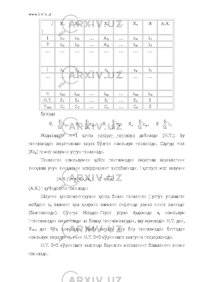 www.arxiv.uz J I X 1 X 2 … X j … X n B А . К . 1 a 11 a 12 … A 1j … a 1n b 1 2 a 21 a 22 … A 2j … a 2n b 2 … … … … … … … … I a i1 a i2 … a ij … a in b i … … … … … … … … m a m1 a m2 … a mj … a mn b m Н . Т . S 1 S 2 … S j … S n S Y min C 1 C 2 … C j … C n 0 бу ерда Жадвалдаги m+1 қатор назорат тенглама дейилади (Н.Т.). Бу тенгламадан ажратилиши керак б ў лган номаълум танланади. Одатда max ( S a ij ) га мос келувчи устун танланади. Танланган номаълумни қайси тенгламадан ажратиш кераклигини аниқлаш учун аниқловчи коэффициент ҳ исобланади. i-қаторга мос келувчи (А.К.) i қуйидагича топилади: Шартни қаноатлантирувчи қатор билан танланган j-устун учрашган жойдаги a ij элемент ҳ ал қилувчи элемент сифатида рамка ичига олинади (белгиланади). С ў нгра Жордан-Гаусс усули ёрдамида x j номаълум i - тенгламадан ажратилади ва бошқа тенгламалардан, шу жумладан Н.Т. дан, Y min дан й ў қ қилинади. Ушбу жараён ҳ ар бир тенгламадан биттадан номаълум ажрагунча, яъни Н.Т. 0=0 к ў ринишга келгунча такрорланади. Н.Т. 0=0 к ў ринишга келганда берилган масаланинг бошлан ғ ич ечими топилади.           m i im i innm i ijjm i im i i b S a S a S a S a S 1111 22 1 11 , , , , ) ,1 ( ) / ( min .) . ( 0 m i a b i К А ij i aij    