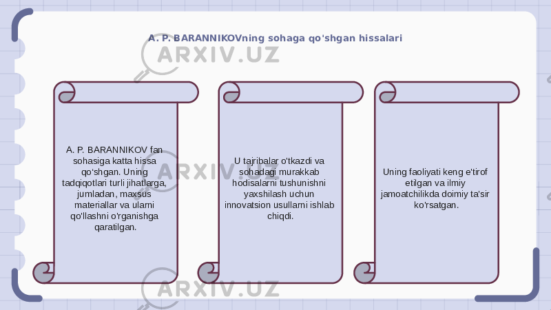 A. P. BARANNIKOVning sohaga qo&#39;shgan hissalari A. P. BARANNIKOV fan sohasiga katta hissa qo‘shgan. Uning tadqiqotlari turli jihatlarga, jumladan, maxsus materiallar va ularni qo&#39;llashni o&#39;rganishga qaratilgan. U tajribalar o&#39;tkazdi va sohadagi murakkab hodisalarni tushunishni yaxshilash uchun innovatsion usullarni ishlab chiqdi. Uning faoliyati keng e&#39;tirof etilgan va ilmiy jamoatchilikda doimiy ta&#39;sir ko&#39;rsatgan. 