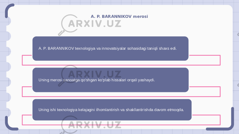 A. P. BARANNIKOV merosi A. P. BARANNIKOV texnologiya va innovatsiyalar sohasidagi taniqli shaxs edi. Uning merosi sanoatga qo&#39;shgan ko&#39;plab hissalari orqali yashaydi. Uning ishi texnologiya kelajagini ilhomlantirish va shakllantirishda davom etmoqda. 