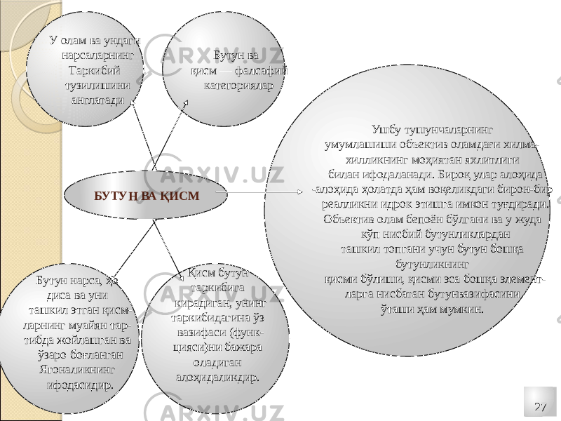 27БУТУН ВА ҚИСМ Ушбу тушунчаларнинг умумлашиши объектив оламдағи хилма- хилликнинг моҳиятан яхлитлиги билан ифодаланади. Бироқ улар алоҳида -алоҳида ҳолатда ҳам воқеликдаги бирон-бир реалликни идрок этишга имкон туғдиради. Объектив олам бепоён бўлгани ва у жуда кўп нисбий бутунликлардан ташкил топгани учун бутун бошқа бутунликнинг қисми бўлиши, қисми эса бошқа элемент- ларга нисбатан бутунвазифасини ўташи ҳам мумкин.У олам ва ундаги нарсаларнинг Таркибий тузилишини англатади Бутун ва қисм — фалсафий категориялар Бутун нарса, ҳо диса ва уни ташкил этган қисм- ларнинг муайян тар- тибда жойлашган ва ўзаро боғланган Ягоналикнинг ифодасидир. Қисм бутун таркибига кирадиган, унинг таркибидагина ўз вазифаси (функ- цияси)ни бажара оладиган алоҳидаликдир. 