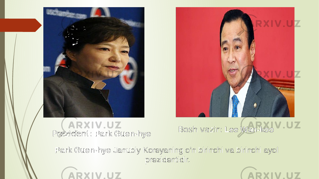 Park Guen-hye Janubiy Koreyaning o’n birinchi va birinchi ayol prezidentidir. Bosh vazir: Lee Wan-koo Prezident: Park Guen-hye 