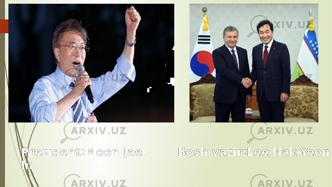 Prezident:Moon Jae- In Bosh vazir:Lee Nak-Yeon 