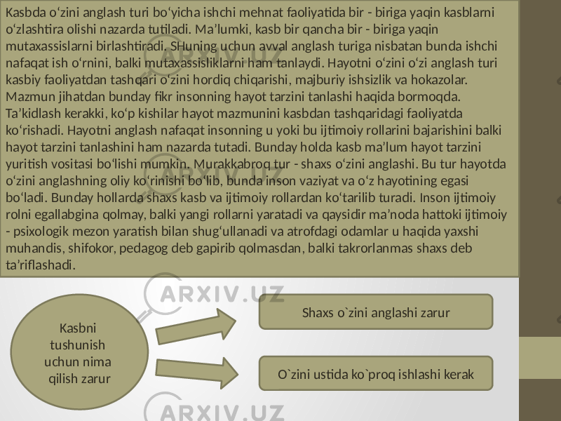 Kasbda o‘zini anglash turi bo‘yicha ishchi mehnat faoliyatida bir - biriga yaqin kasblarni o‘zlashtira olishi nazarda tutiladi. Ma’lumki, kasb bir qancha bir - biriga yaqin mutaxassislarni birlashtiradi. SHuning uchun avval anglash turiga nisbatan bunda ishchi nafaqat ish o‘rnini, balki mutaxassisliklarni ham tanlaydi. Hayotni o‘zini o‘zi anglash turi kasbiy faoliyatdan tashqari o‘zini hordiq chiqarishi, majburiy ishsizlik va hokazolar. Mazmun jihatdan bunday fikr insonning hayot tarzini tanlashi haqida bormoqda. Ta’kidlash kerakki, ko‘p kishilar hayot mazmunini kasbdan tashqaridagi faoliyatda ko‘rishadi. Hayotni anglash nafaqat insonning u yoki bu ijtimoiy rollarini bajarishini balki hayot tarzini tanlashini ham nazarda tutadi. Bunday holda kasb ma’lum hayot tarzini yuritish vositasi bo‘lishi mumkin. Murakkabroq tur - shaxs o‘zini anglashi. Bu tur hayotda o‘zini anglashning oliy ko‘rinishi bo‘lib, bunda inson vaziyat va o‘z hayotining egasi bo‘ladi. Bunday hollarda shaxs kasb va ijtimoiy rollardan ko‘tarilib turadi. Inson ijtimoiy rolni egallabgina qolmay, balki yangi rollarni yaratadi va qaysidir ma’noda hattoki ijtimoiy - psixologik mezon yaratish bilan shug‘ullanadi va atrofdagi odamlar u haqida yaxshi muhandis, shifokor, pedagog deb gapirib qolmasdan, balki takrorlanmas shaxs deb ta’riflashadi. Kasbni tushunish uchun nima qilish zarur Shaxs o`zini anglashi zarur O`zini ustida ko`proq ishlashi kerak 